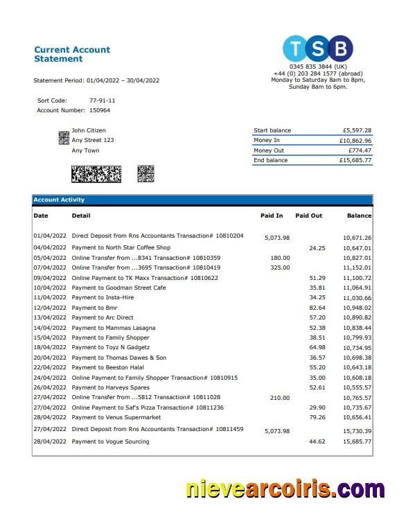 United Kingdom TSB bank statement, Excel and PDF